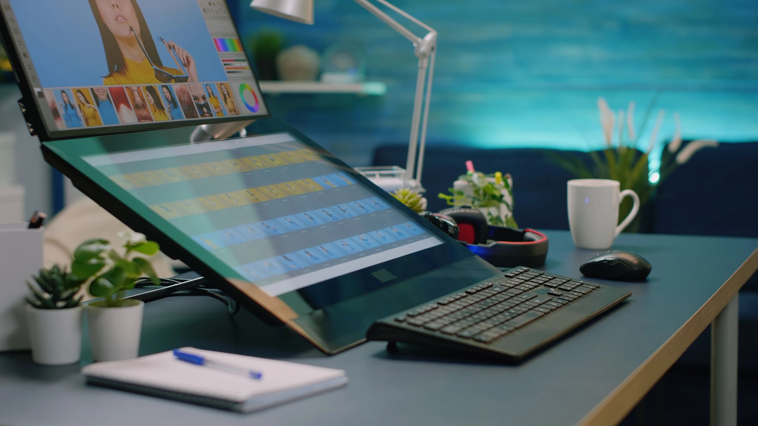 Editing desk with software on a computer screen